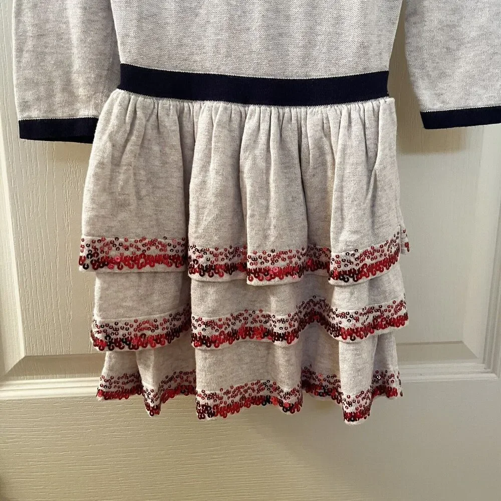 Mini Boden Tiered Ruffle Sequin Bow Sweater Knit Dress Christmas Girls Size 4-5